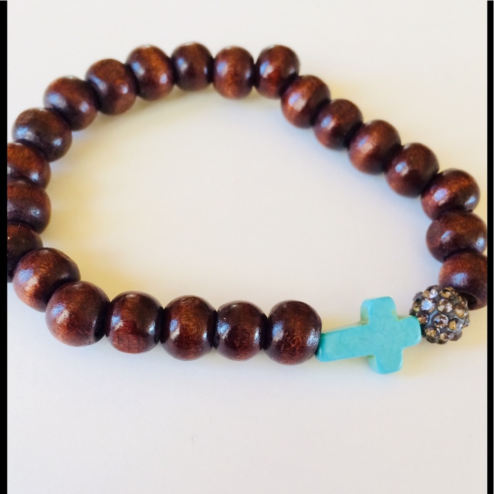 Magnesite Cross and Wood Bead Bracelet